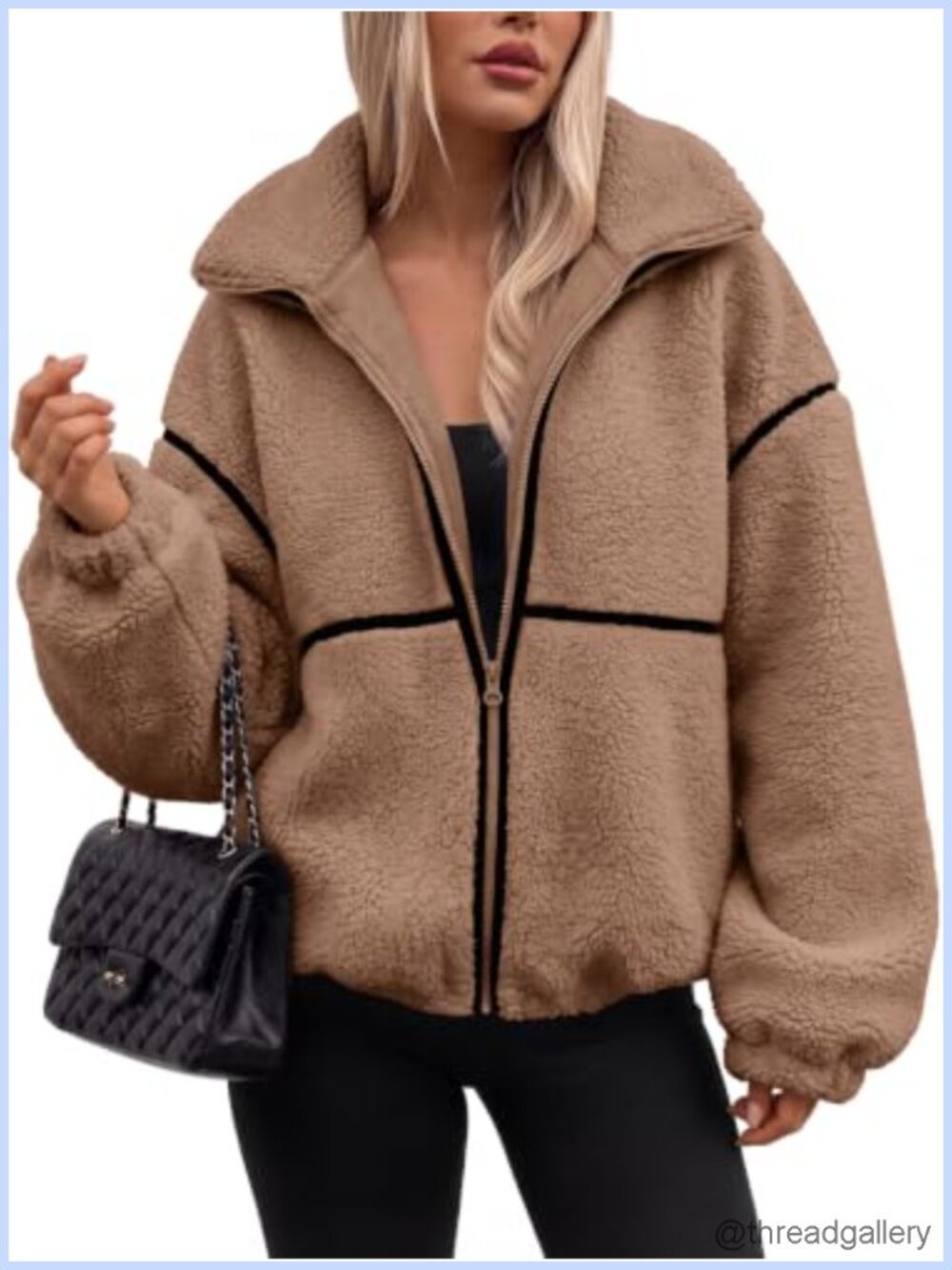 Oversized Sherpa Fleece Jacket Zip Up Faux Fur Collar Teddy Coat